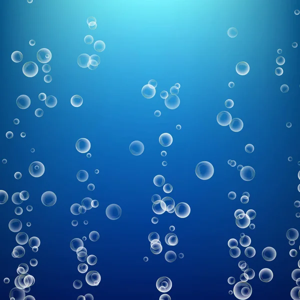 Bolhas na água em fundo azul. Ocean Deep. Círculo e líquido, Design leve. Limpar sabão brilhante. Ilustração vetorial —  Vetores de Stock