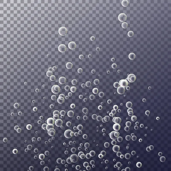 Burbujas en el agua sobre fondo transparente. Ocean Deep. Círculo y líquido, diseño ligero. Claro jabón brillante. Ilustración vectorial — Vector de stock