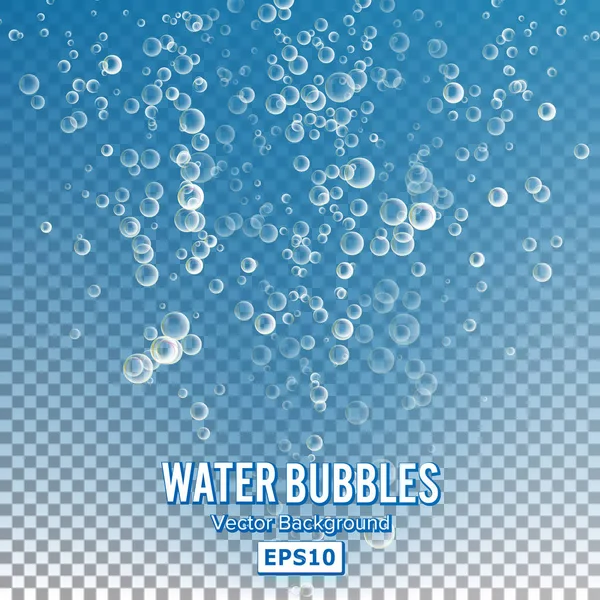 Бульбашки у воді на прозорому тлі. Глянцева реалістична бульбашка і напівпрозора акваріумна ілюстрація — стоковий вектор