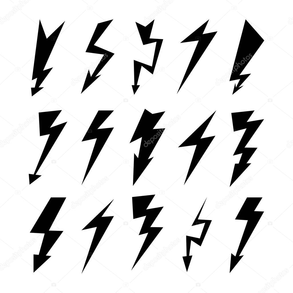Lightning Icon Set. Electricity Thunder, Danger Symbol. Lightning Strike. Flash Black Icons Isolated On White. Storm Lightning Silhouettes. Vector Illustration.