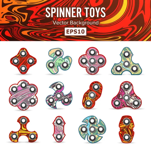 Hand spinner speelgoed Set. Platte Vector Icons. Set Fidget Spinners. Verschillende kleuren. Trendy speelgoed voor spanningshulp. Geïsoleerd op wit. Vectorillustratie. — Stockvector