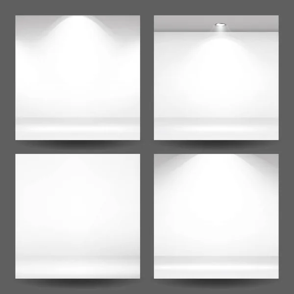 Lege witte foto Studio interieur achtergrond Set. Iight interieur scène mock-up schoonmaken. Realistische lege witte muur. Vectorillustratie. — Stockvector