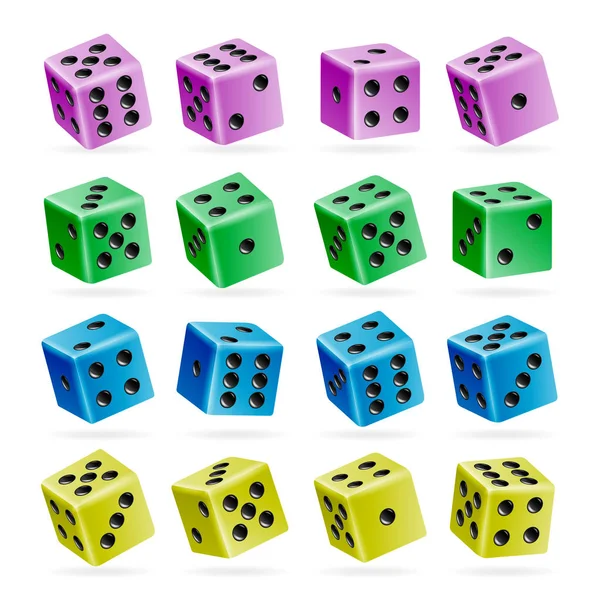 Hrací kostky vektorové sada. 3D realistické kostky s čísly tečkou. Dobré pro hraní desky Casino hru. Izolované na bílém. Sada kostek závitky — Stockový vektor