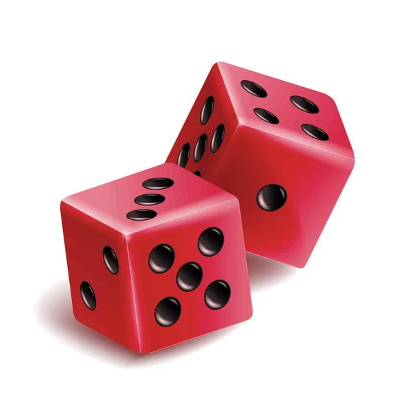 Giocare a dadi insieme vettoriale. Illustrazione realistica 3D di due dadi rossi con ombra. Set dadi gioco — Vettoriale Stock