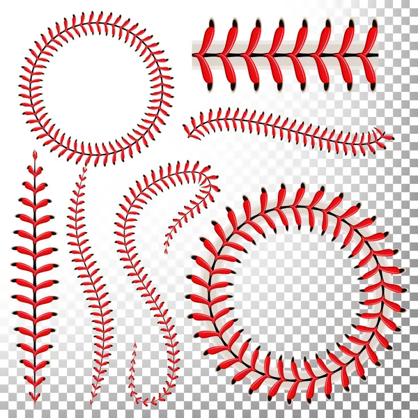 Il set vettoriale dei punti da baseball. Baseball pizzo rosso isolato su sfondo trasparente. Palla da baseball di cucitura, cucitura dell'illustrazione rossa del filo — Vettoriale Stock