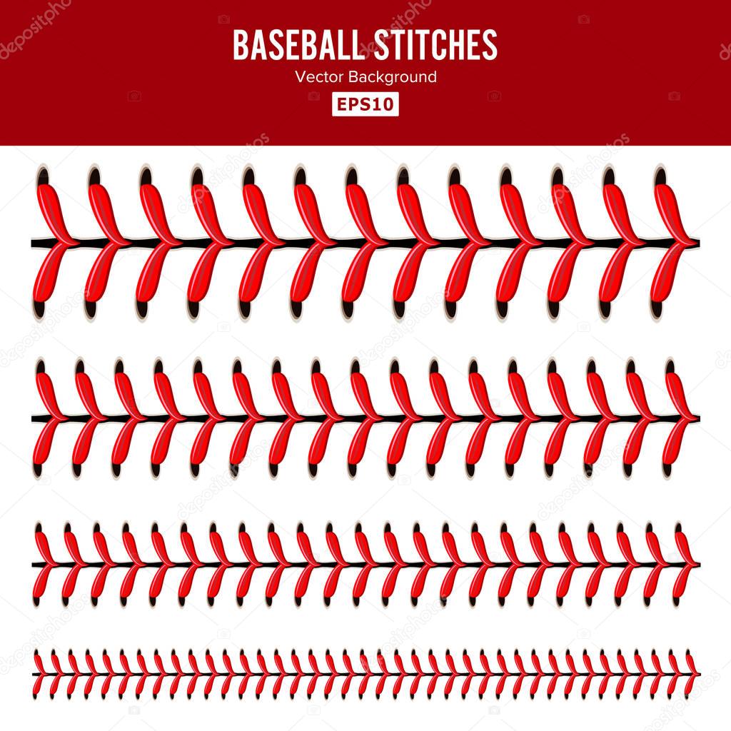 Baseball Stitches Vector. Lace From A Baseball Isolated On White. Sports Ball Red Laces Set.