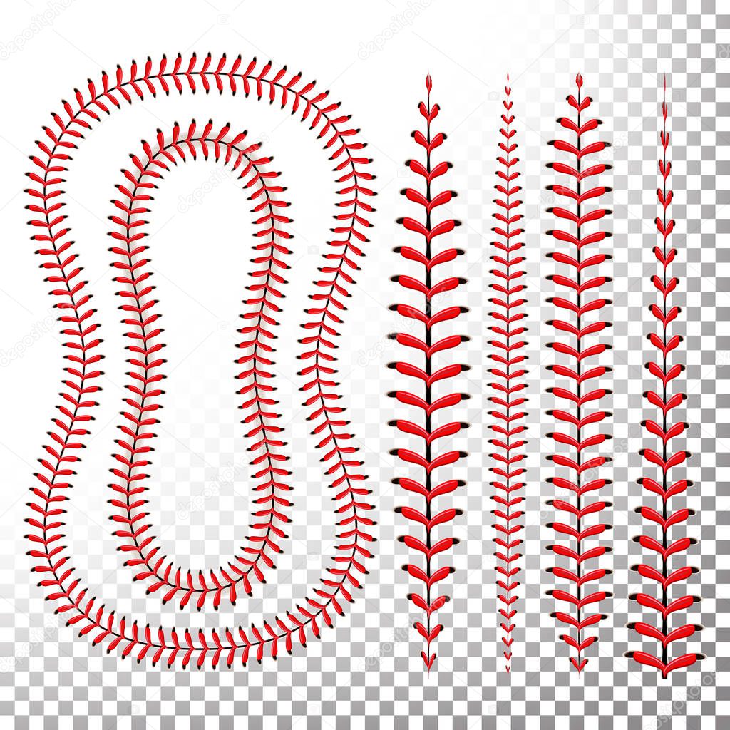 Baseball Stitches Vector. Lace From A Baseball Isolated On Transparent. Sports Ball Red Laces Set.