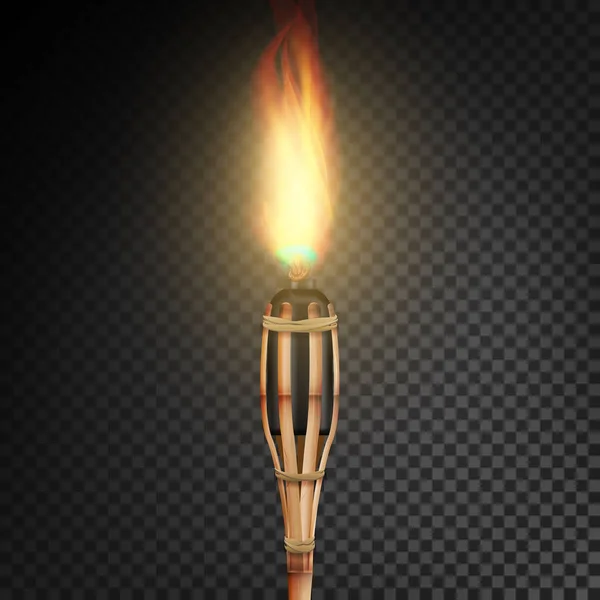 Ardiente antorcha de bambú de playa con llama. Fuego realista. Antorcha de fuego realista aislada sobre fondo transparente. Ilustración vectorial — Archivo Imágenes Vectoriales