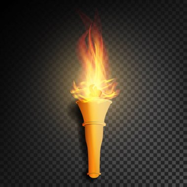 Torch With Flame. Burning In The Dark Transparent Background Realistic Torch With Flame. Vector Illustration clipart