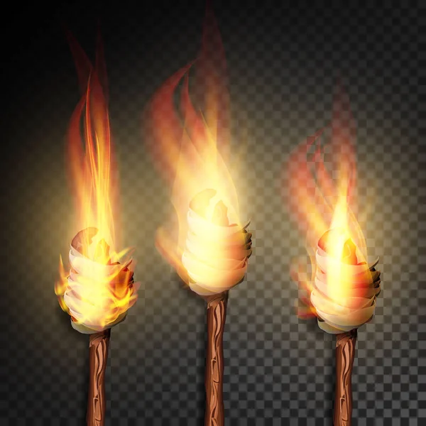 Hořáky s plamenem. Pálení v tmavé průhledné pozadí realistické hořáky s plamenem. Vektorové ilustrace — Stockový vektor