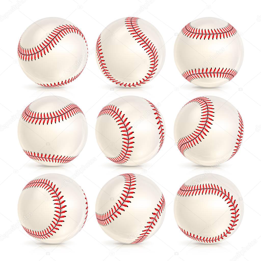 Baseball Leather Ball Close-up Set Isolated On White. SoftBall Base Ball. Realistic Baseball Icon. Vector Illustration