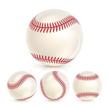Beyzbol deri top yakın çekim izole üzerinde beyaz ayarlayın. Softbol temel top. Gerçekçi vektör çizim
