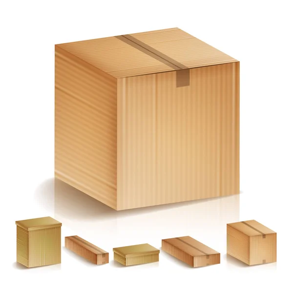 Realistic Cardboard Boxes Set Isolated Vector Illustration. Side View With Perspective. — Stock Vector