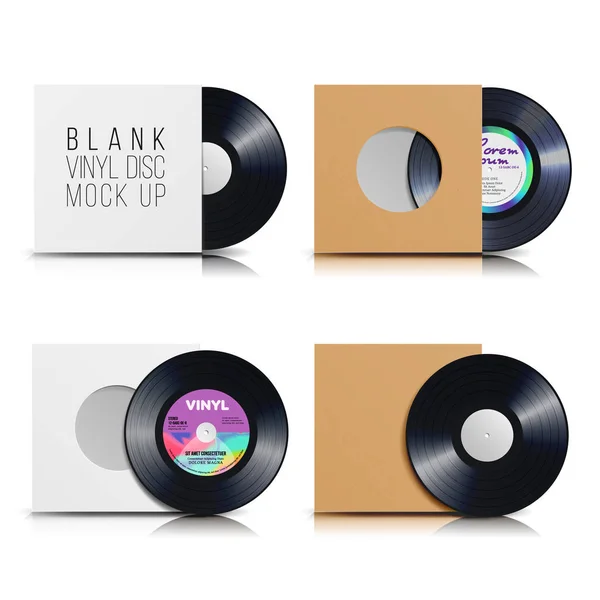 Conjunto de discos de vinil. Fundo Branco Isolado em Branco. Modelo vazio realista de uma placa de registro de música com envelope de capa em branco clássico. Rerto Mock Up Plate para DJ Scratch. Ilustração vetorial . — Vetor de Stock