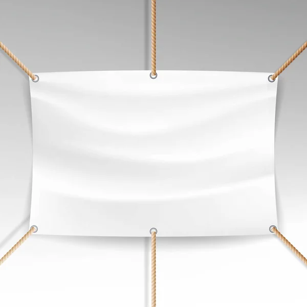Bannière blanche avec vecteur de cordes. Modèle de bannière suspendue textile clair réaliste . — Image vectorielle