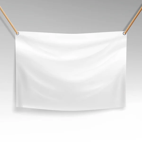 Bílý nápis s vektorem lana. Realistické jasné textilní závěsný Banner šablona. — Stockový vektor