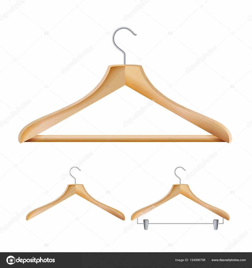 Wooden Clothes Hangers Vector. Set For Jackets Pants. Isolated 3d Realistic Illustration Stock