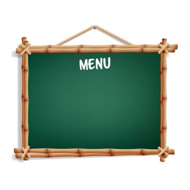 Cafe menü yönetim kurulu. Beyaz arka plan üzerinde izole. Ahşap çerçeve asılı ile gerçekçi yeşil kara tahta. Vektör çizim