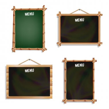 Restoran Menü panoları ayarlayın. Beyaz arka plan üzerinde izole. Ahşap çerçeve asılı ile gerçekçi siyah ve yeşil kara tahta boş. Vektör çizim