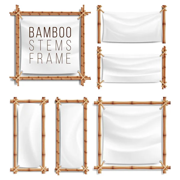 Bambus Frame Set vektor s plátnem. Dřevěný rám bambusovými holemi zahalená v laně. Šablona nápisu — Stockový vektor