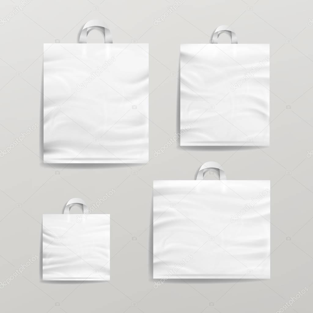 Plastic Shopping Bags Set Vector. White Empty Mock Up. Good For Package Design.