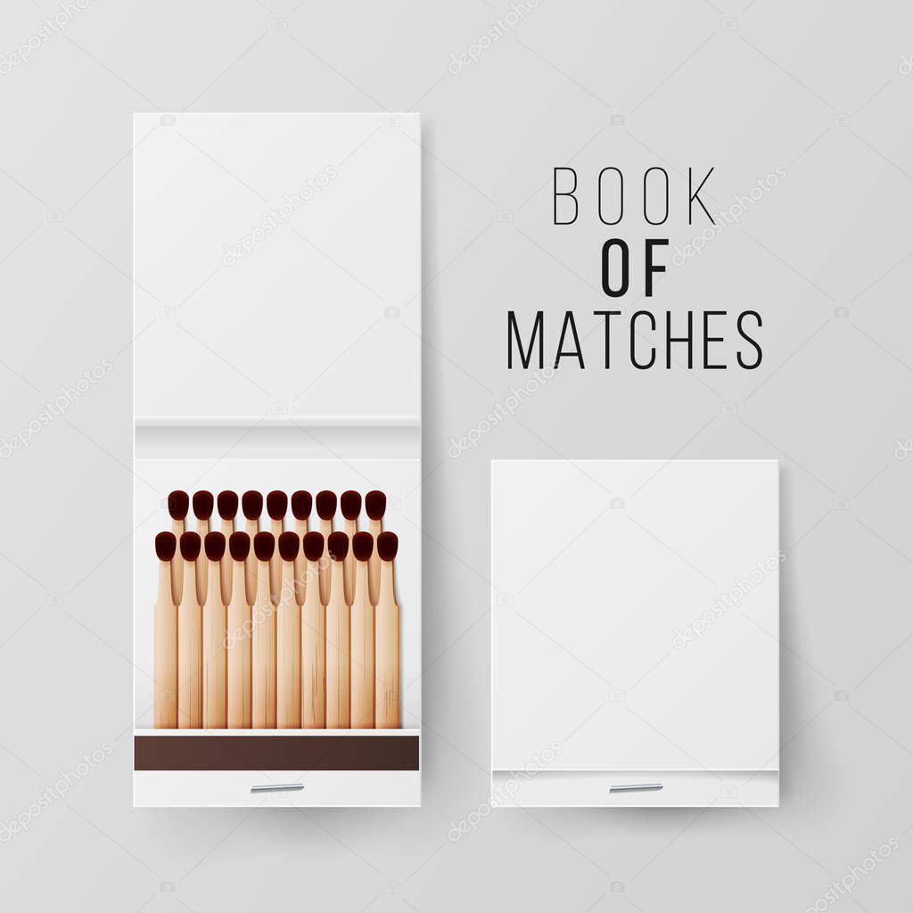 Book Of Matches Vector. Top View Closed Opened Blank. Empty Mock Up. Realistic Illustration