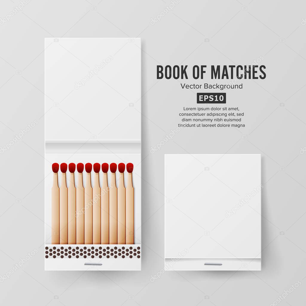 Book Of Matches Vector. Top View Closed Opened Blank. Empty Mock Up. Realistic Illustration