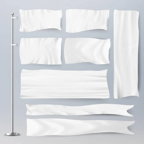 Modelo realista Branco Branco Bandeiras Vector. Bandeira de bandeira de publicidade e cartaz de lona de tecido para ilustração de publicidade — Vetor de Stock