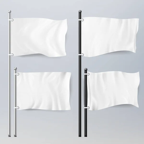 Διάφορα καθαρό άδειο λευκές σημαίες και πανό εικονογράμματα κοροϊδεύω. Λευκές σημαίες και το πρότυπο σετ κλωστοϋφαντουργικών πανό πτυχώσεις. Διαφήμιση κενό Banner, αφίσας καμβά ύφασμα. Εικονογράφηση διάνυσμα — Διανυσματικό Αρχείο
