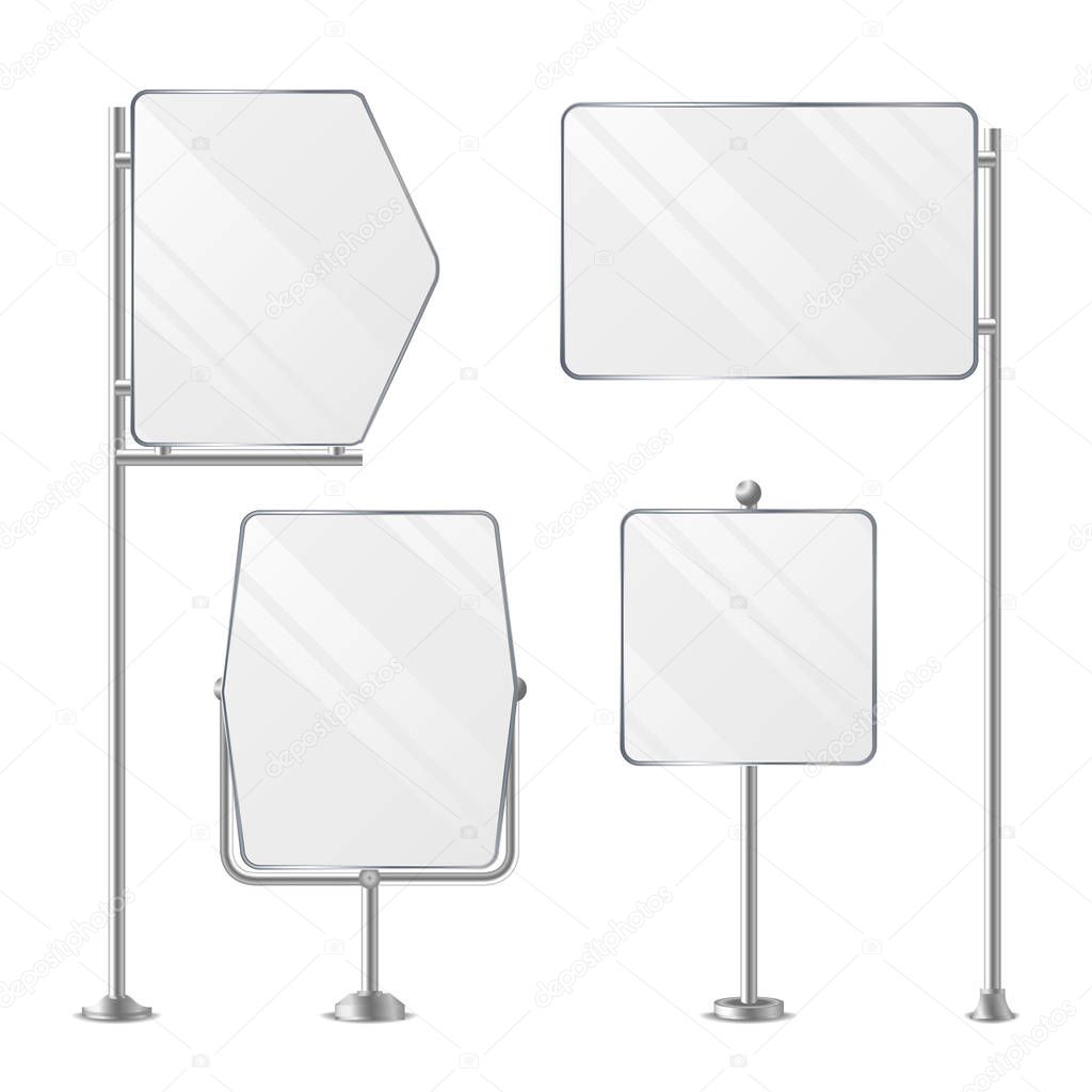 3D Blank Boards On Poles For Placing Price And Business Advertising. Outdoor Empty Holder Stands Set. Isolated On White Background. Vector Illustration