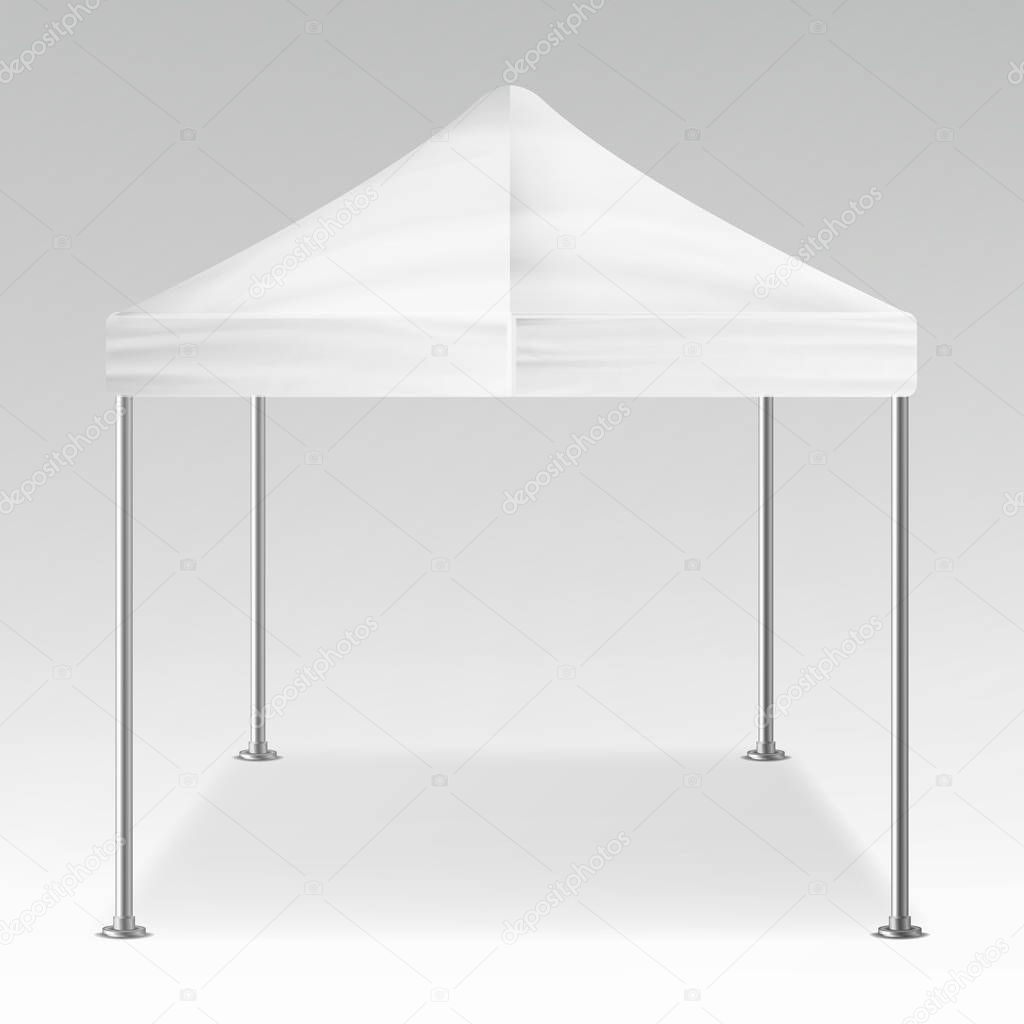 White Folding Tent Outdoor Pavilion Vector. Realistic Template Blank For Exhibition, Show, Party Or Wedding. Vector Illustration