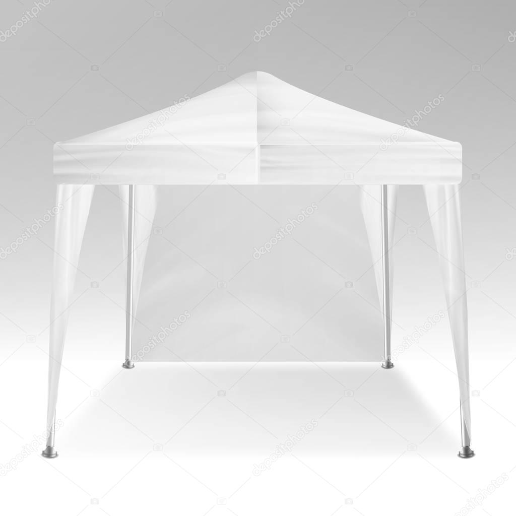 White Folding Tent Mockup Vector. Promotional Outdoor Event Trade Show Pop-Up Tent Mobile Marquee, Template. Product Advertising. Vector Illustration