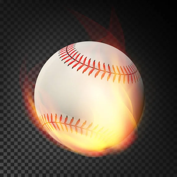 Flaming Realistic Baseball Ball On Fire Flying Through The Air (en inglés). Bola ardiente sobre fondo transparente — Archivo Imágenes Vectoriales