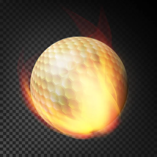 Flaming Realistic Golf Ball On Fire Flying Through The Air (en inglés). Bola ardiente sobre fondo transparente — Archivo Imágenes Vectoriales