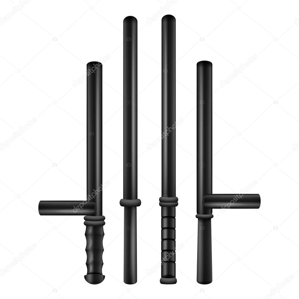 Long Black Rubber Baton. Police Bat. Security Truncheons. Vector 3D Realistic