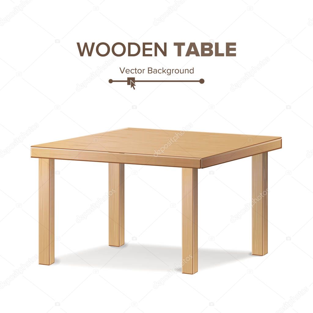 Wooden Empty Square Table. Isolated Furniture, Platform. Realistic Vector Illustration.