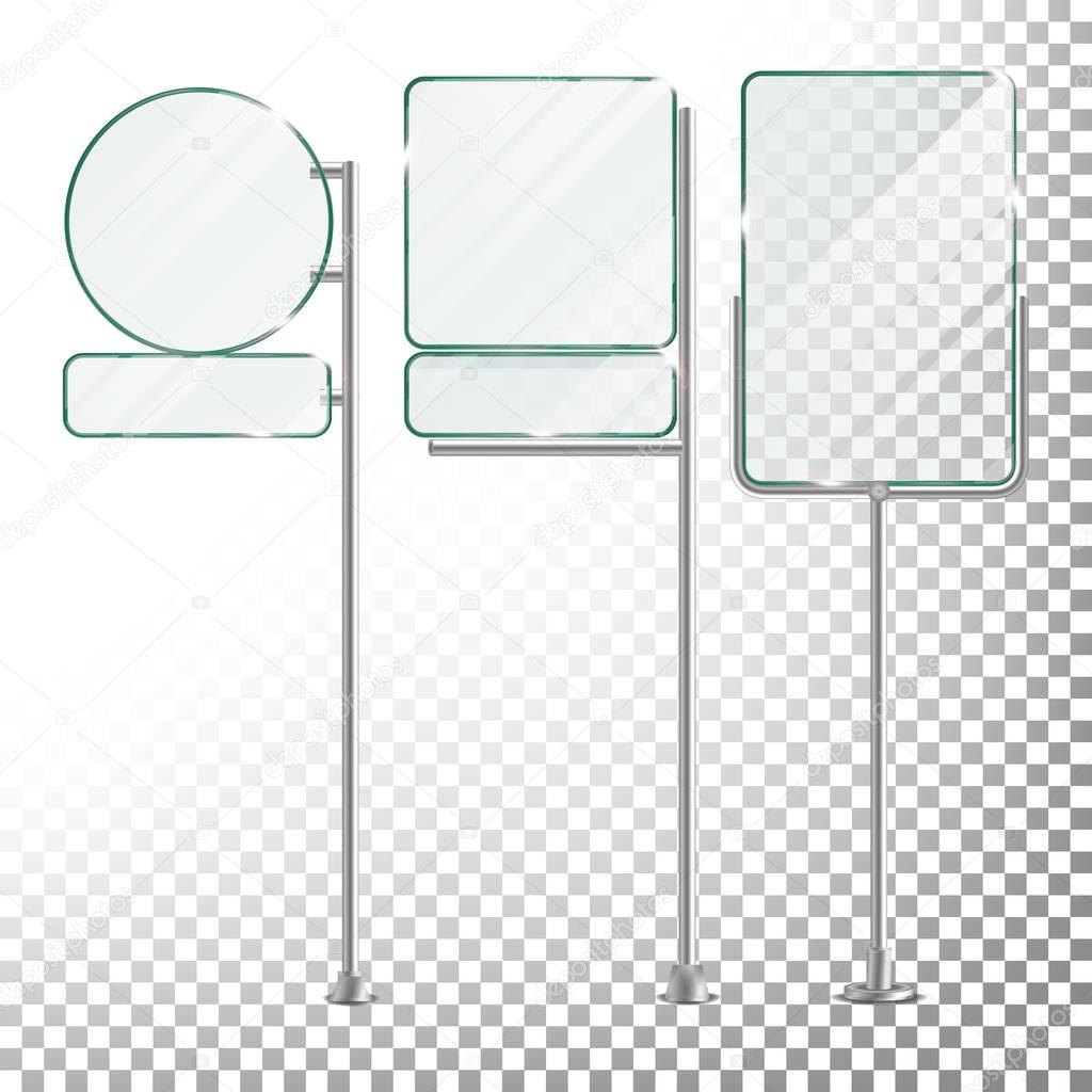 Glass Billboard Vector Isolated On Transparent Background. Advertising POS Stand Banner Mockup Illustration. Empty Glass Screen Banner Set.