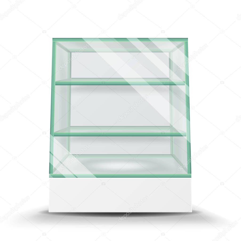 Empty Glass Cabinet Isolated On Transparent Background. Advertising Stand Glass Vector. 3d Empty Glass Showcase For Exhibit And Products