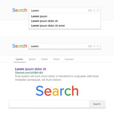 Arama çubuğu alan vektörü. Arama motoru tarayıcısı penceresini şablonu. Liste, arama sonuçları pop. Öğe UI - Ux tasarım ve Web sitesi için.