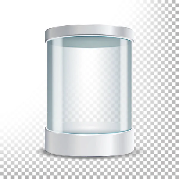 Transparent glas Museum Showcase Podium. Mock upp kapsel i rutan objekt i formuläret Cylinder för utställningen. Realistiska vektorillustration — Stock vektor