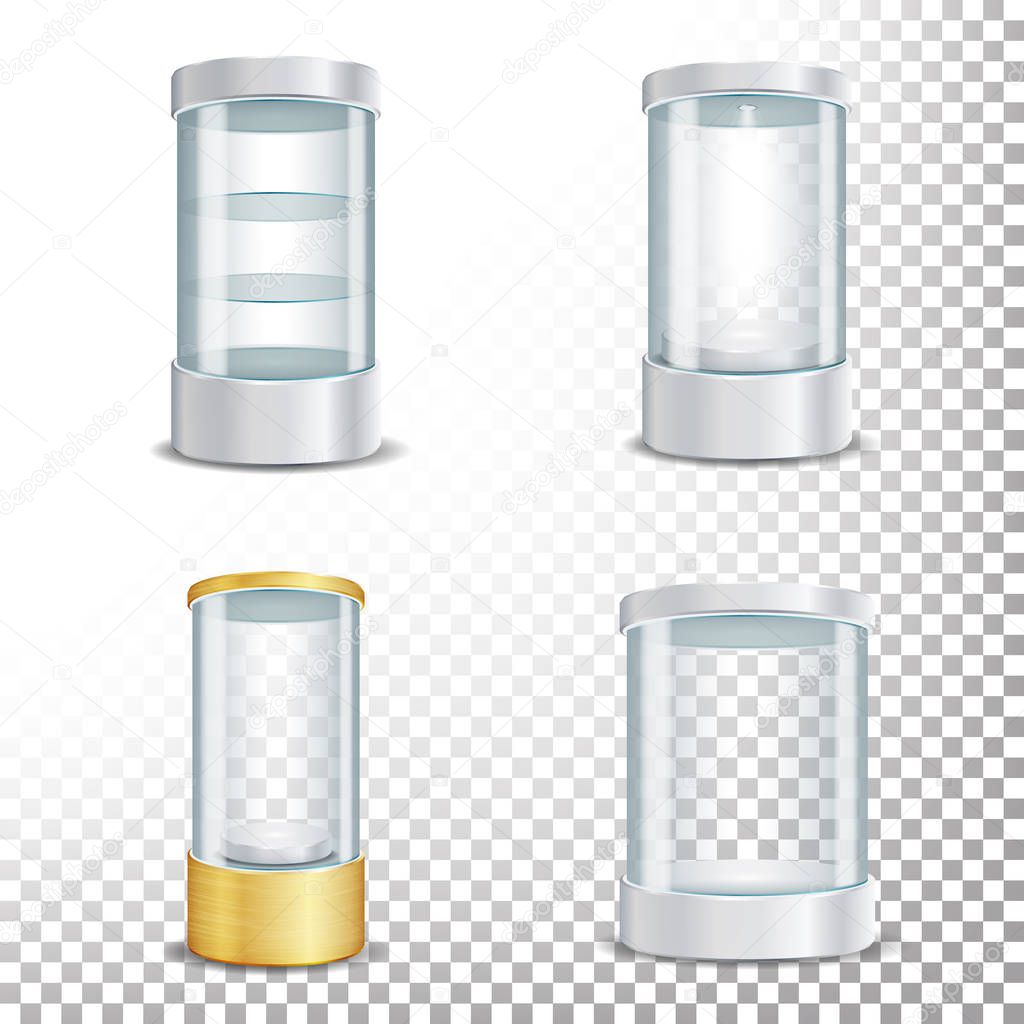 Round Empty Glass Showcase Podium Set With Spotlight And Sparks. Blank For Exhibit With A Pedestal. Isolated Realistic Empty Glass Showcase. Vector Illustration. Transparent Background