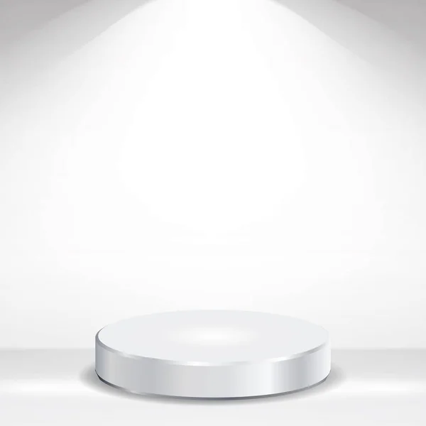 3d leeren Podium Vektor. runde leere weiße Podium auf sauberem Licht Innenszene Attrappe auf. Vektorillustration. — Stockvektor