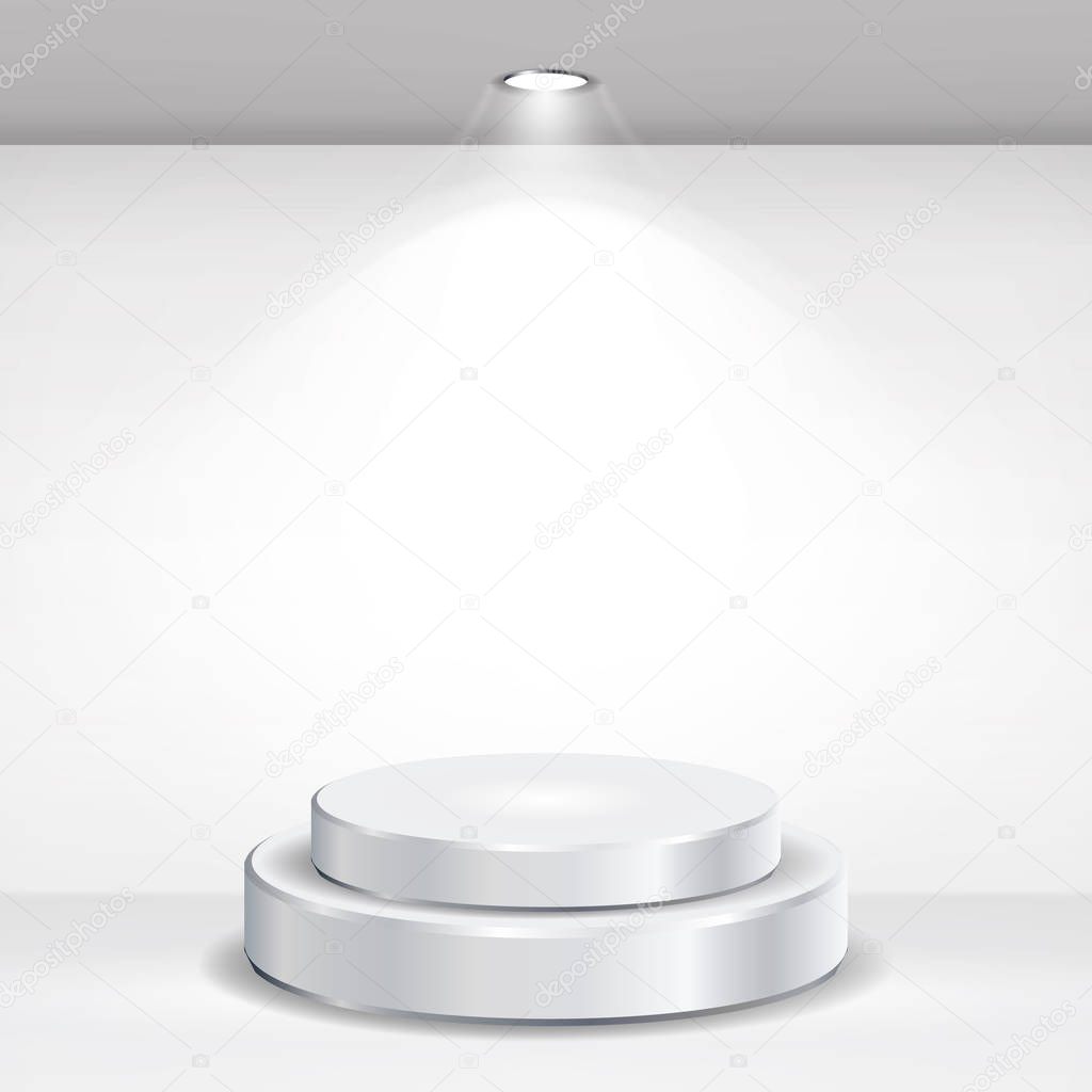 Round Empty Podium Vector. Realistic Tribune On Gallery Interior With Empty Wall And Lamps. Vector Illustration