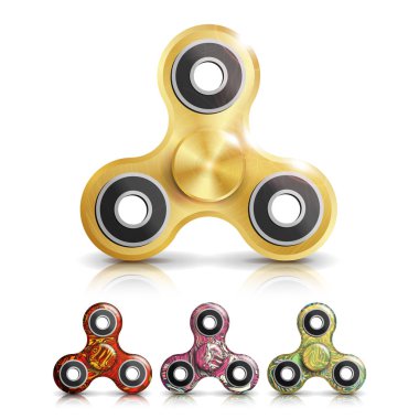 Spinner oyuncak Set vektör. Parlak plastik el Spinner oyuncak Kıpırdanmayı. İplik makinası. Döndürme. Parmak Spinner stres, anksiyete Rölyef oyuncak kıpır. Gerçekçi 3d vektör çizim