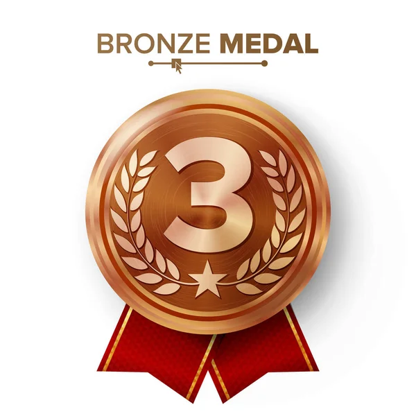 Вектор бронзовой медали 3-го места. Metal Realistic Badge with Third Placement Achievement. Круглая этикетка с красной лентой, венок Лорел, звезда. Приз почёта победителя. Бронзовый трофей — стоковый вектор