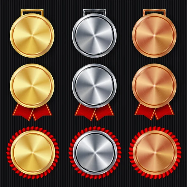 Medailles lege Set Vector. Realistische eerste, ten tweede derde prijs van de plaatsing. Klassieke lege medailles Concept. Rood lint. Sport spel gouden, zilveren, bronzen prestatie sjabloon. Eer de prijs. Challenge Award — Stockvector