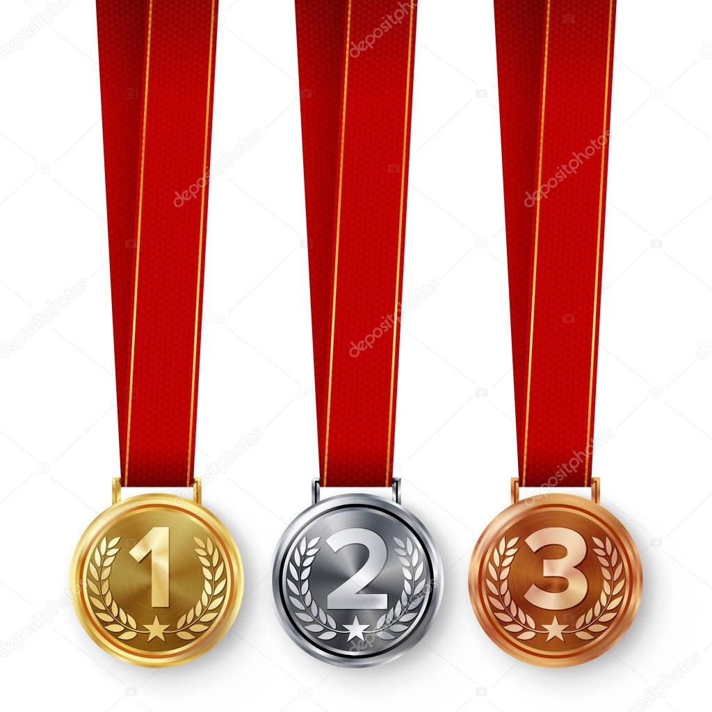 Champion Medals Set Vector. Metal Realistic First, Second Third Placement Achievement. Round Medals With Red Ribbon, Relief Detail Of Laurel Wreath. Competition Game Golden, Silver, Bronze Achievement