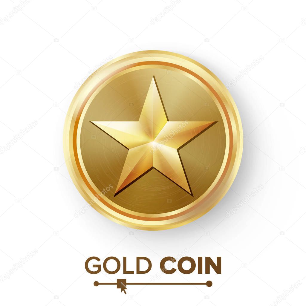 Game Gold Coin Vector With Star. Realistic Golden Achievement Icon Illustration. For Web, Game Or App Interface.