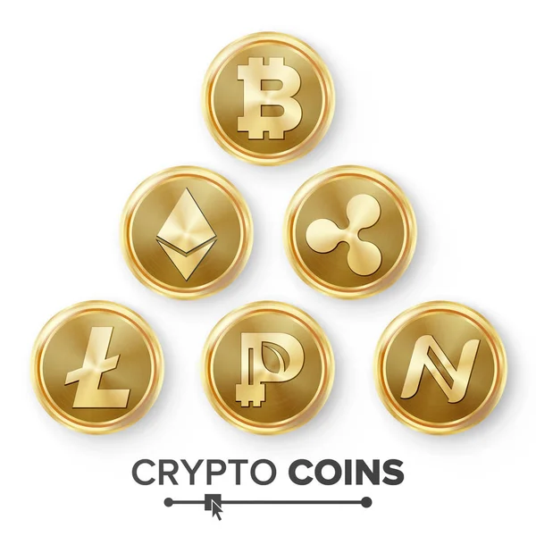 Digitális valuta Counter Icon Set vektor. Fintech Blockchain. Híres világ titkosítás. Aranyat. Crypto valuta pénzt finanszírozására jel illusztráció. Bitcoin, Litecoin, Peercoin, Ripple érme, Etherum — Stock Vector