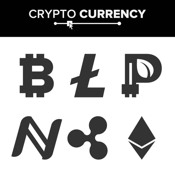 Digital Currency Counter Set Vector (em inglês). Fintech Blockchain. Famosa Criptografia Mundial. Criptomoeda Dinheiro Finanças Assinar Ilustração. Bitcoin, Litecoin, Peercoin, Ripple Coin, Etherum —  Vetores de Stock